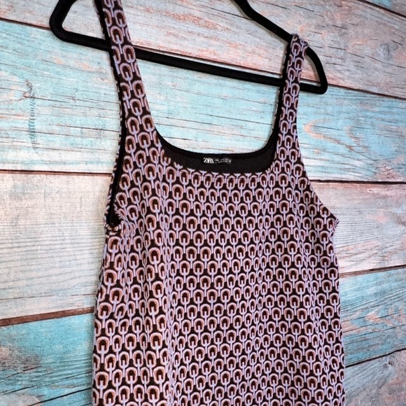 Zara Mini Dress M Retro Design Textured Black Blue Orange Stretch Tank Style - Picture 8 of 12